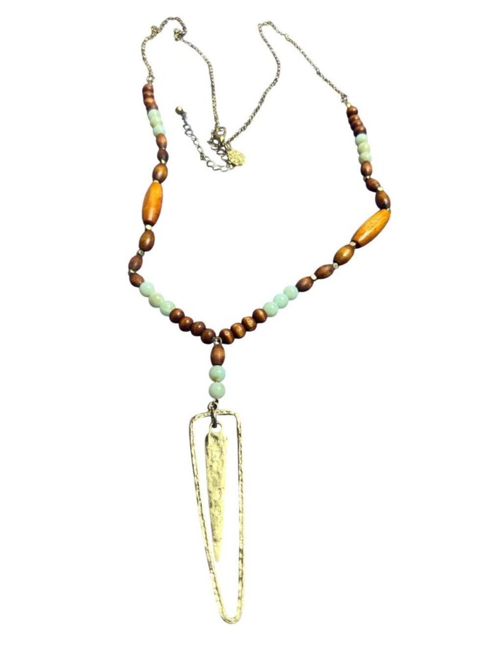 Crave Wooden Glass Beaded Goldtone Chain Necklace Hammered Pendant 29 - 32" Long